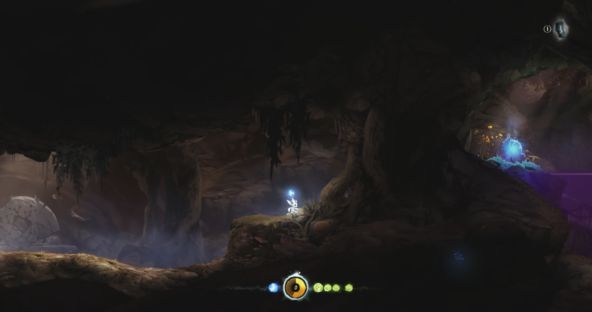 Hollow Knight et Ori : Une orbe est visible depuis derrière un mur.