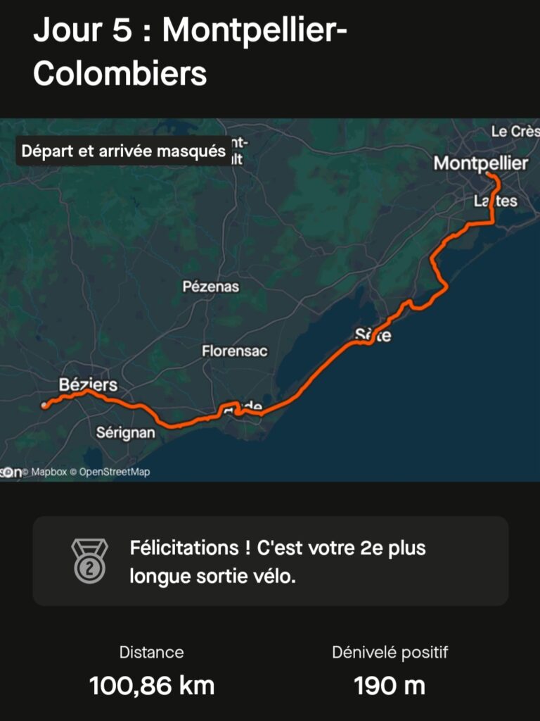 Voyage à vélo jour 5 : Montpellier - Colombiers (ViaRhôna, Canal des Deux Mers)